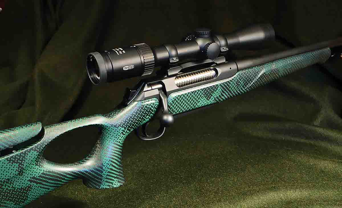 Sauer Model 404’s carbon-fiber stock looks other-worldly, but it functions beautifully. Terry’s one complaint is that its reptilian surface is quite slick.